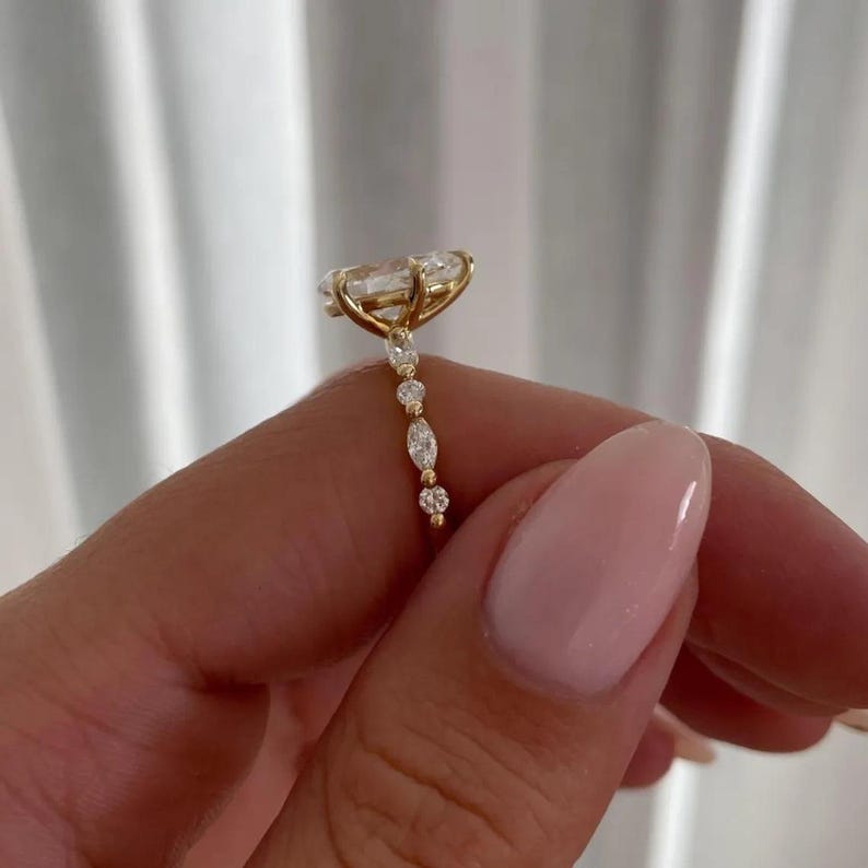 2CT Pear Moissanite Engagement Ring Pear Solitaire Ring With Marquise and Round Accent Ring Pave Half Eternity Band Pear 14k Solid Gold Ring image 4