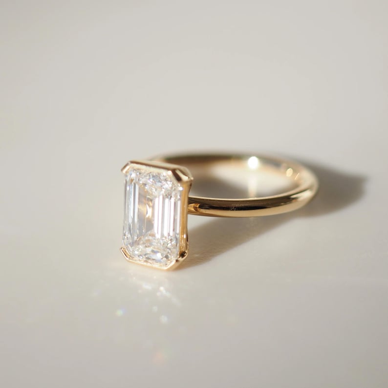 2CT Emerald Cut Lab Grown Diamond Engagement Ring: Half Bezel, IGI Certified image 3