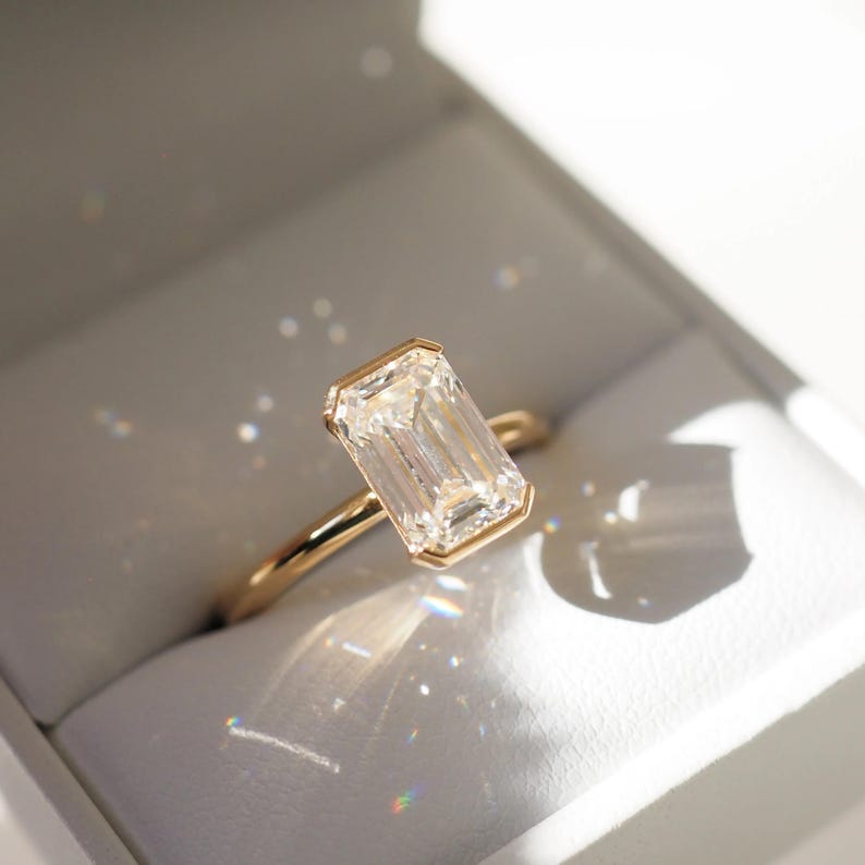 2CT Emerald Cut Lab Grown Diamond Engagement Ring: Half Bezel, IGI Certified image 1