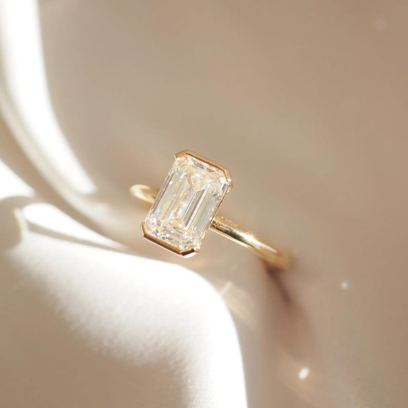 2CT Emerald Cut Lab Grown Diamond Engagement Ring: Half Bezel, IGI Certified image 2