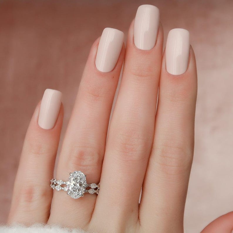 2.00 CT Oval Moissanite Engagement Ring Set: Art Deco Bridal Halo, Matching Bands image 2