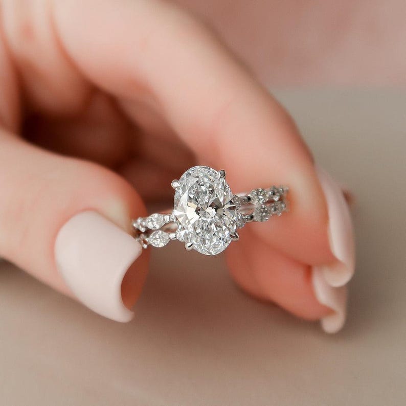 2.00 CT Oval Moissanite Engagement Ring Set: Art Deco Bridal Halo, Matching Bands image 1
