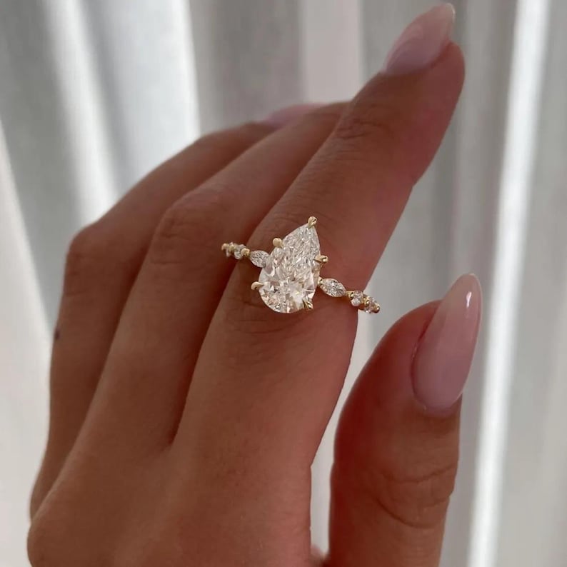 2CT Pear Moissanite Engagement Ring Pear Solitaire Ring With Marquise and Round Accent Ring Pave Half Eternity Band Pear 14k Solid Gold Ring image 2