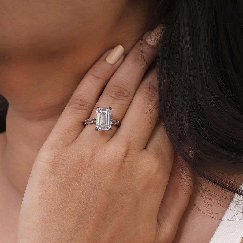 Lab Created Emerald Diamond Solitaire Ring in Sterling Silver for Engagement, Wedding and Proposals