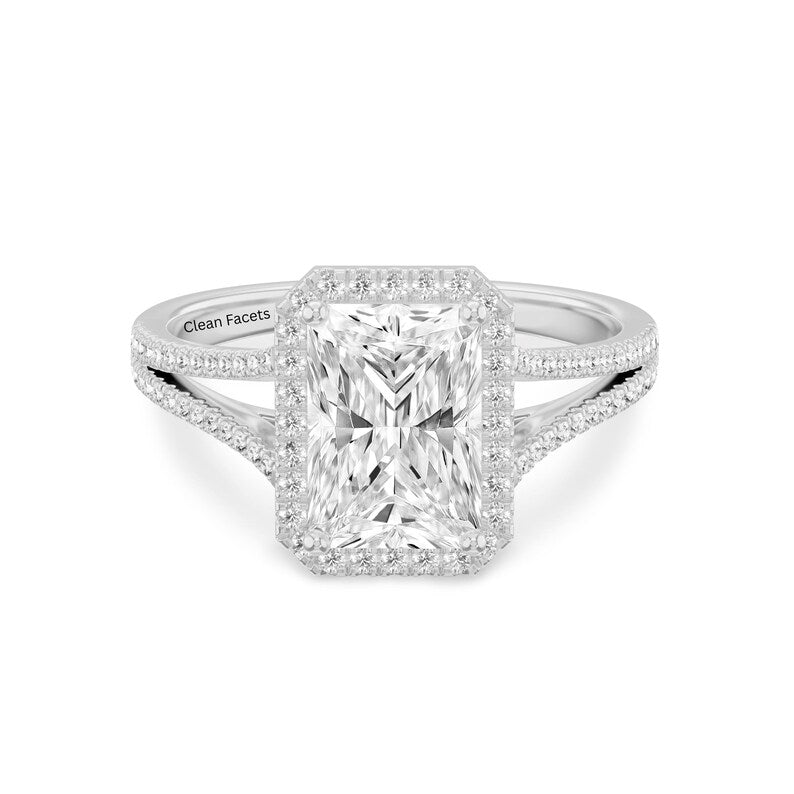 10K Solid Gold Halo Engagement Ring for 2 CT Radiant cut Lab Grown Diamond