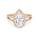Load image into Gallery viewer, Rose Gold Engagement Rings featuring 2 CT Pear Shaped Lab Grown Diamond with Halo and Split shank Solitaire