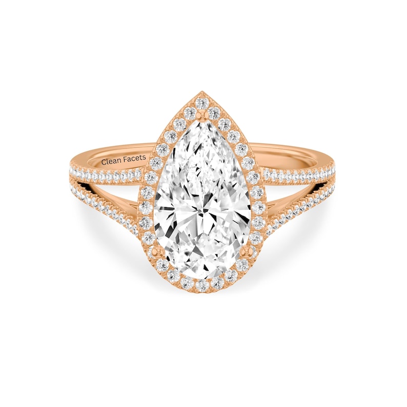 Rose Gold Engagement Rings featuring 2 CT Pear Shaped Lab Grown Diamond with Halo and Split shank Solitaire