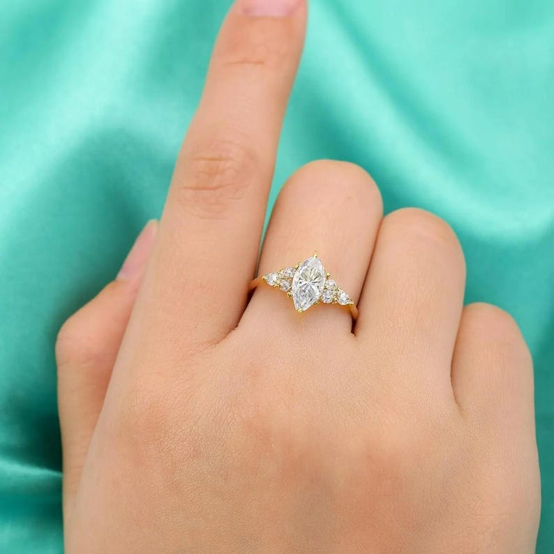 Vintage Marquise Moissanite Engagement Ring, Delicate 14k Gold Diamond Wedding Ring image 6
