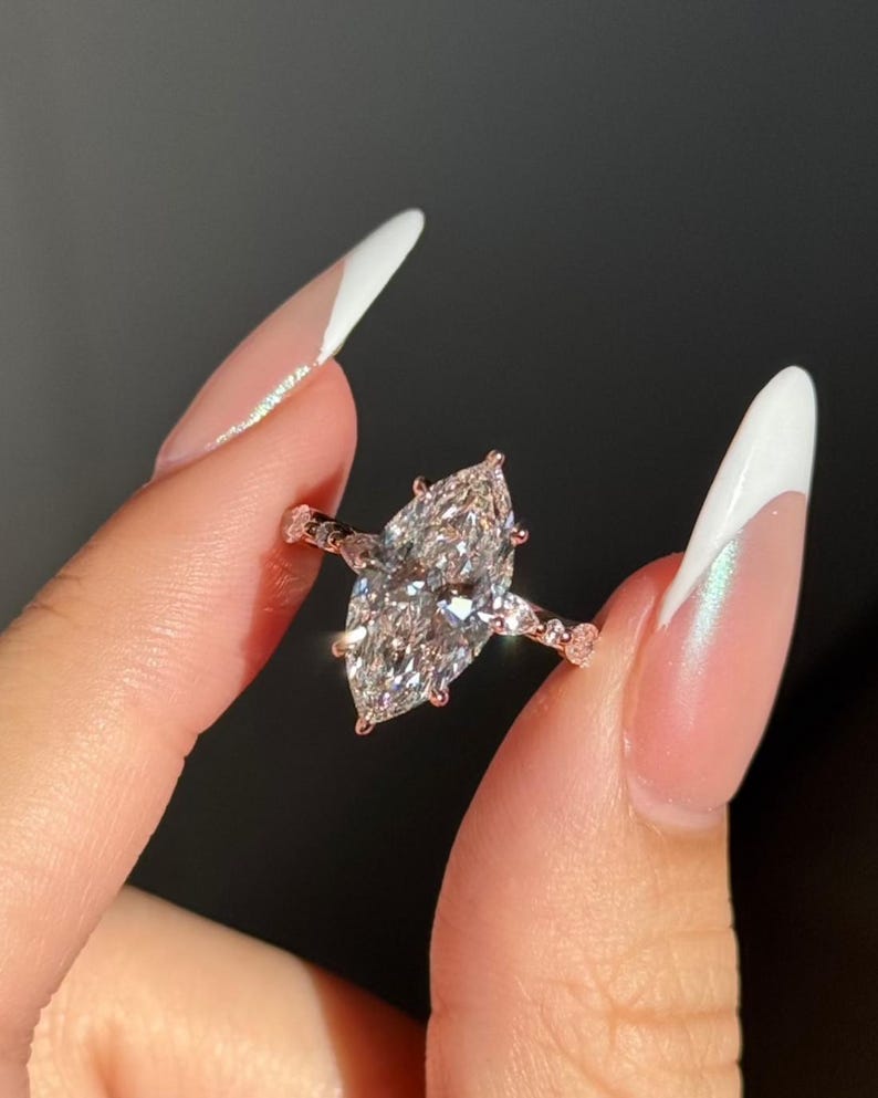 Marquise Moissanite Engagement Ring, Pave Set Band Marquise Ring, 14k Gold 3CT Marquise & Round Accent Ring, 6-Prong Marquise Solitaire Ring image 6