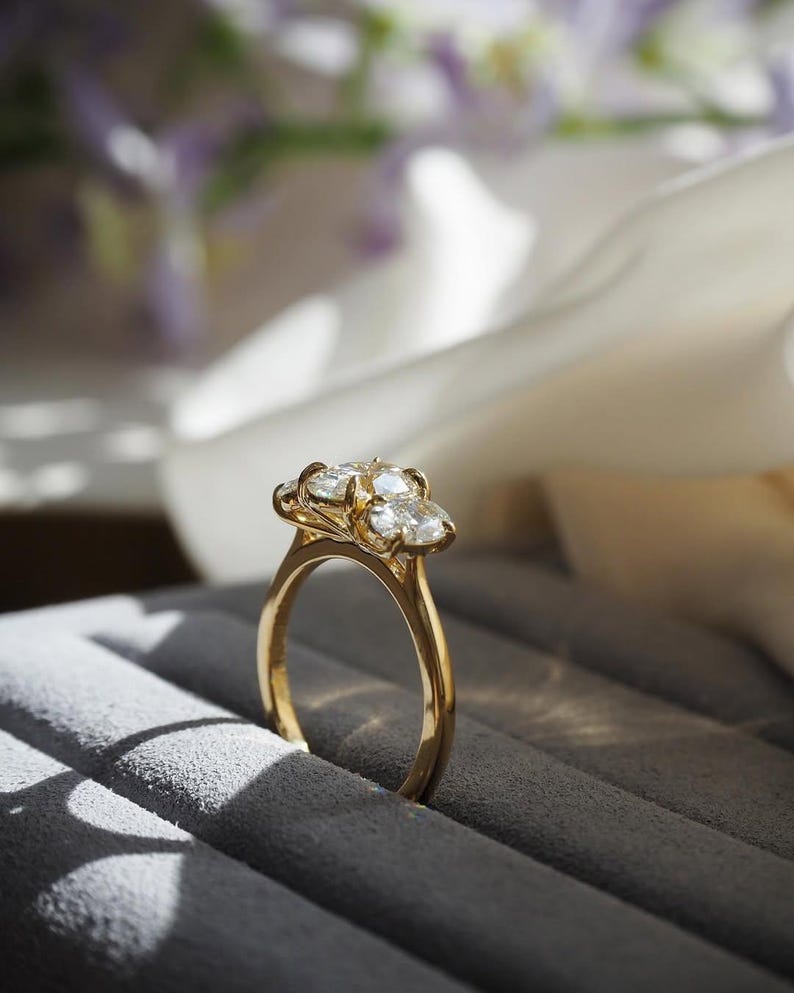 Oval Three Stone Engagement Ring, Oval Cut Moissanite Ring, D-VVS1 Oval Trilogy Ring, Oval Wedding Ring for Women, Past-Present-Future Ring. image 6