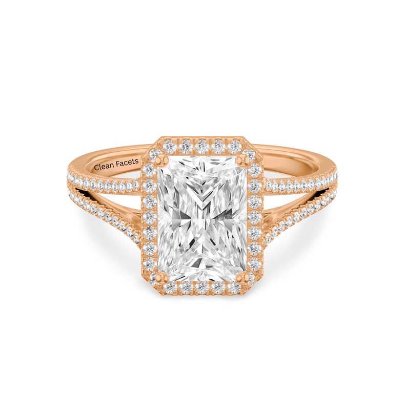 14K Rose Gold Diamond Halo Engagement Ring for 2 Ct Radiant cut Solitaire in Halo Setting