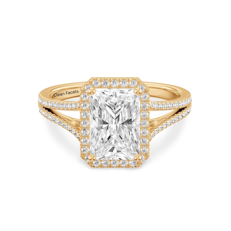 18K Yellow Gold Solitaire Ring features 1 CT Lab Grown Radiant cut in Halo Setting on Pave Split Shank