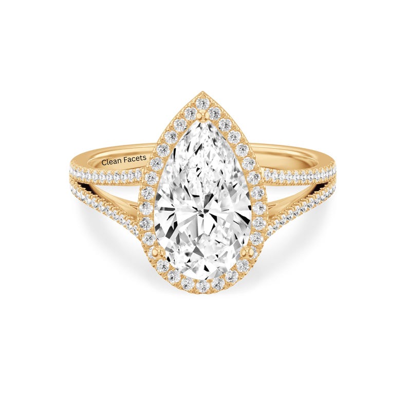 1 CT Pear Diamond Ring featuring a Halo setting and Pave Split Shank in 18K Solid Yellow Gold for Engagement and wedding