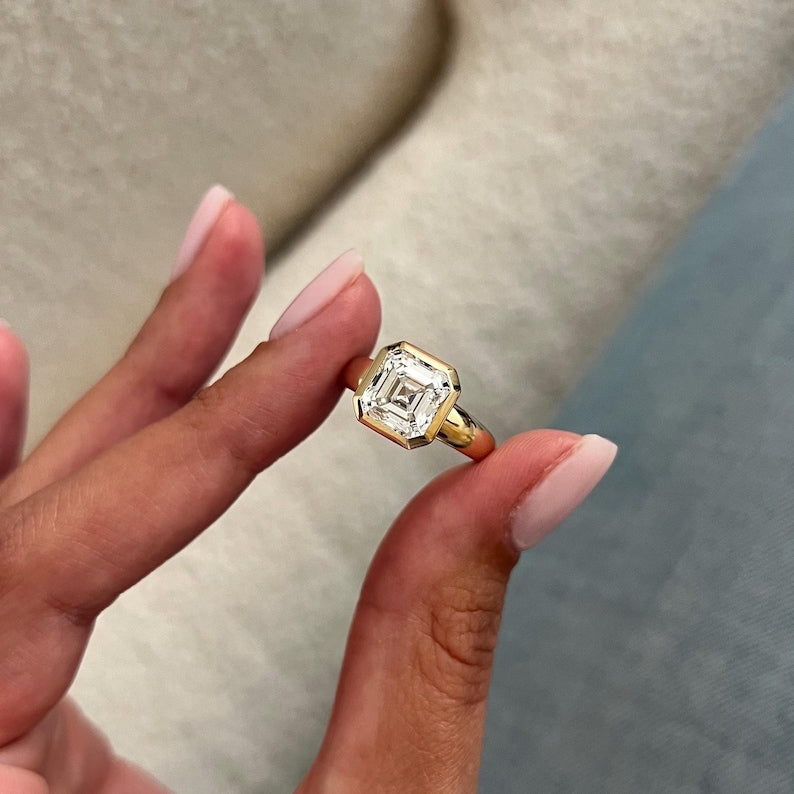 3 Carat Asscher Cut Lab Grown Diamond Solitaire Ring in 14K Yellow Gold Thick Bezel Setting image 2
