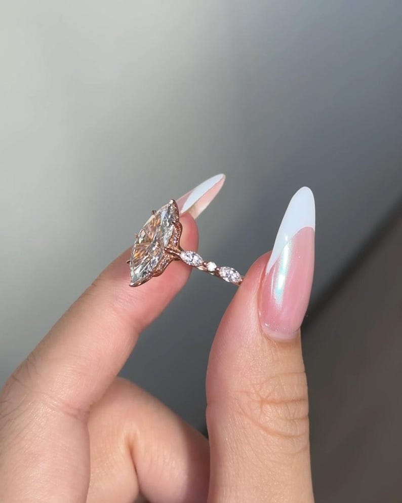 Marquise Moissanite Engagement Ring, Pave Set Band Marquise Ring, 14k Gold 3CT Marquise & Round Accent Ring, 6-Prong Marquise Solitaire Ring image 4