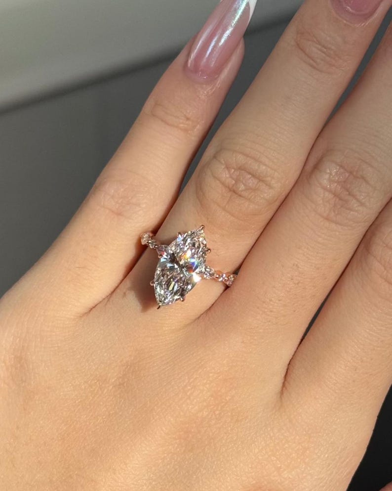 Marquise Moissanite Engagement Ring, Pave Set Band Marquise Ring, 14k Gold 3CT Marquise & Round Accent Ring, 6-Prong Marquise Solitaire Ring image 7