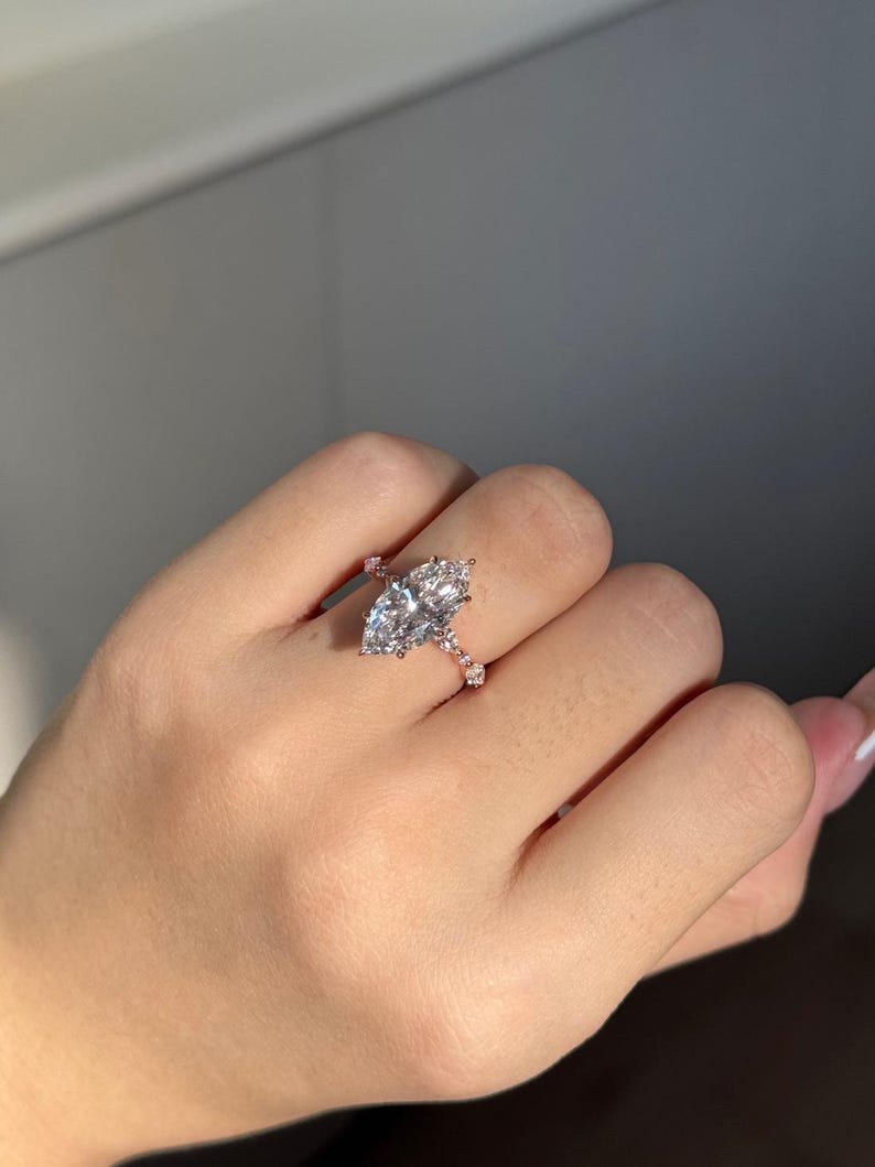 Marquise Moissanite Engagement Ring, Pave Set Band Marquise Ring, 14k Gold 3CT Marquise & Round Accent Ring, 6-Prong Marquise Solitaire Ring image 5