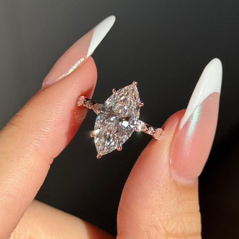 Marquise Moissanite Engagement Ring, Pave Set Band Marquise Ring, 14k Gold 3CT Marquise & Round Accent Ring, 6-Prong Marquise Solitaire Ring image 1