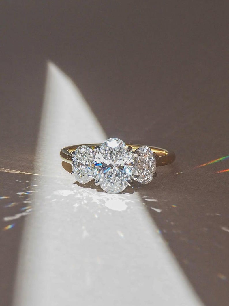 Oval Three Stone Engagement Ring, Oval Cut Moissanite Ring, D-VVS1 Oval Trilogy Ring, Oval Wedding Ring for Women, Past-Present-Future Ring. image 3