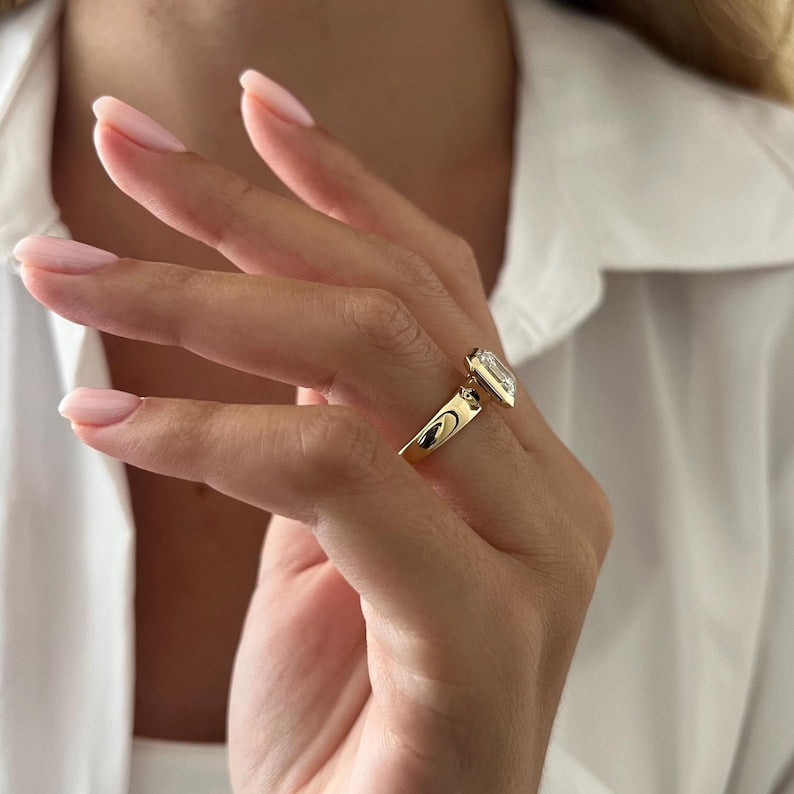 3 Carat Asscher Cut Lab Grown Diamond Solitaire Ring in 14K Yellow Gold Thick Bezel Setting image 5