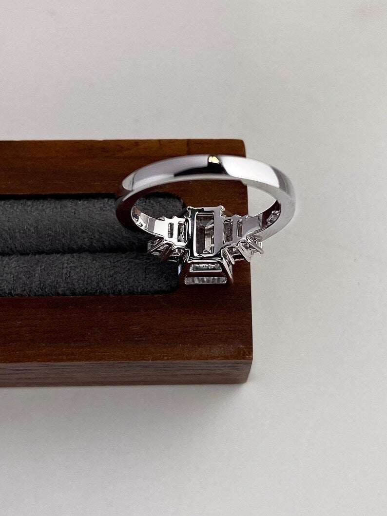 3 Carat E Color VS1 Clarity IGI CERTIFIED Emerald Cut Lab Grown Diamond Engagement Ring 14k White Gold Ring, Side Baguettes Diamonds image 7