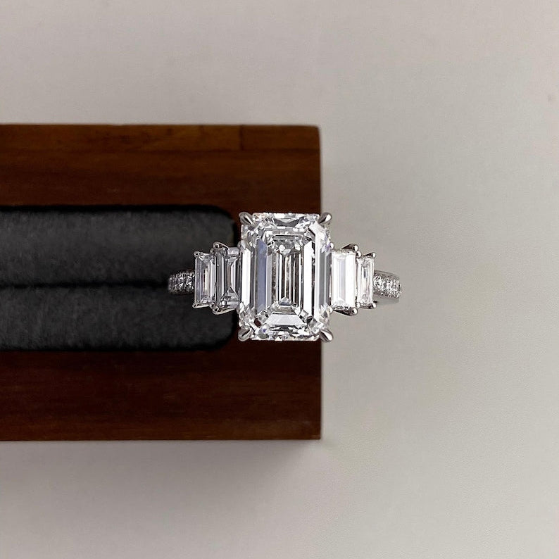 3 Carat E Color VS1 Clarity IGI CERTIFIED Emerald Cut Lab Grown Diamond Engagement Ring 14k White Gold Ring, Side Baguettes Diamonds image 1