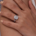 Load image into Gallery viewer, Lab grown radiant cut diamond halo engagement ring with split shank band in 10k gold.
