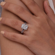 Lab grown radiant cut diamond halo engagement ring with split shank band in 10k gold.