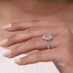 Load image into Gallery viewer, Lab grown pear shaped diamond halo engagement ring with split shank band in sterling silver