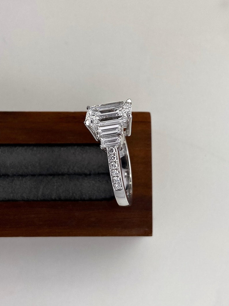 3 Carat E Color VS1 Clarity IGI CERTIFIED Emerald Cut Lab Grown Diamond Engagement Ring 14k White Gold Ring, Side Baguettes Diamonds image 5