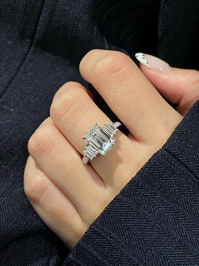 3 Carat E Color VS1 Clarity IGI CERTIFIED Emerald Cut Lab Grown Diamond Engagement Ring 14k White Gold Ring, Side Baguettes Diamonds image 2