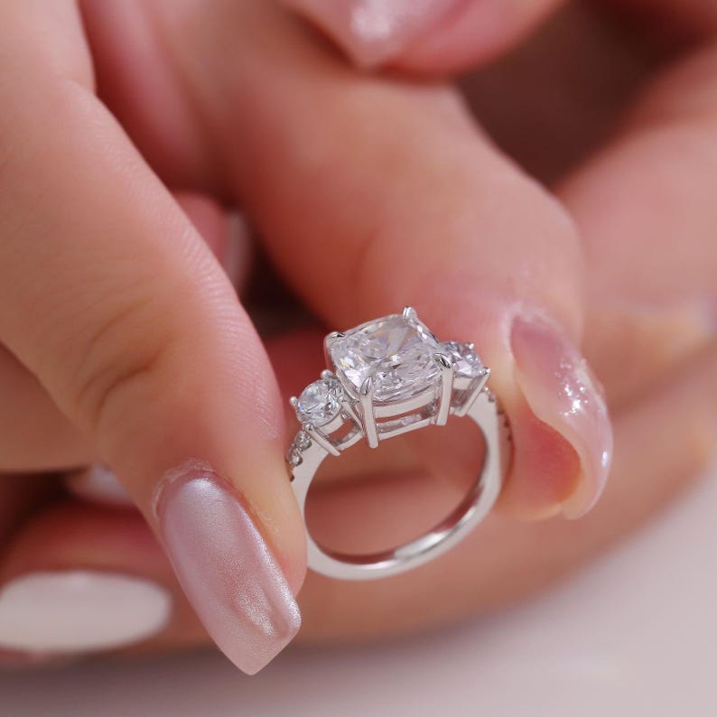 Cushion Cut Diamond Three Stone Engagement Ring 2.60 CTW IGI Certified, 14K Solid Gold Pavé Band Ring, Lab Grown Diamond Bridal Jewelry. image 5