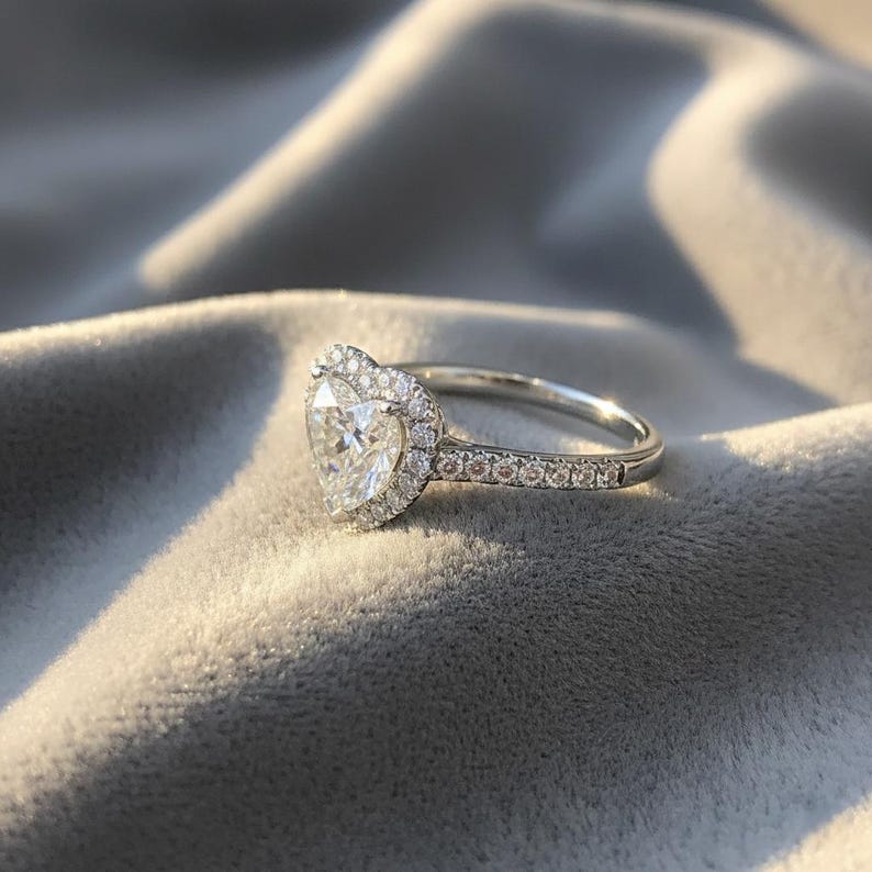 2.20 CT Heart Moissanite Engagement Ring, Halo Pavé Cathedral Band, 14K White Gold Heart Shaped Wedding Ring, Love Heart diamond ring image 4