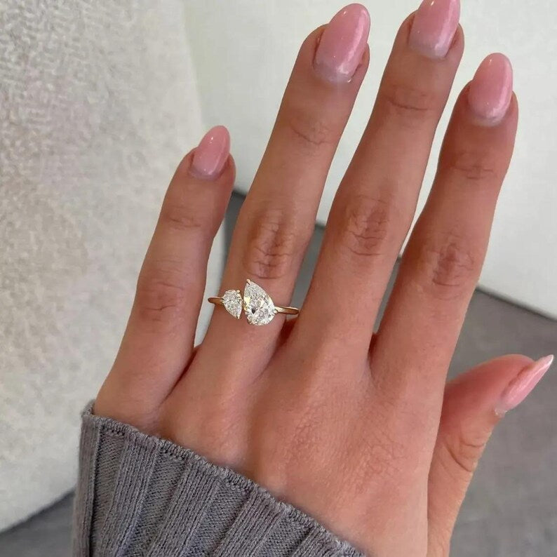 Pear Cut Moissanite Diamond Toi Et Moi Ring | Solid Gold Anniversary Ring image 6