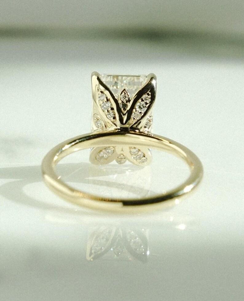 4CT Emerald Cut Tulip Set Moissanite Engagement Ring 14K Solid Yellow Gold Wedding Ring, Anniversary Ring For Women, Promise & Proposal Ring image 1