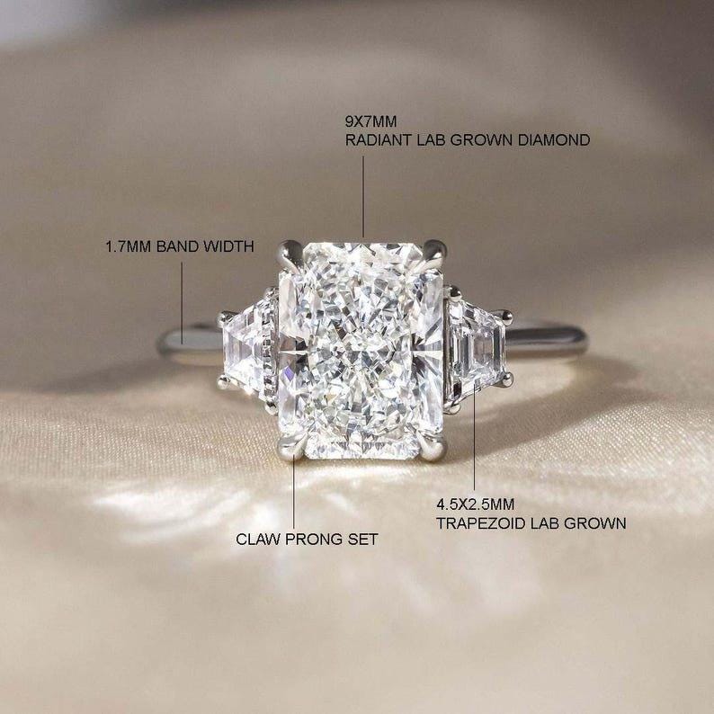 Radiant Cut Lab Created Diamond Three Stone Ring 1–3 CT IGI Certified Anniversary Wedding Ring for Her image 2