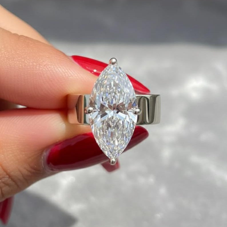 3.00 CT Marquise Cigar Band Ring, Marquise Cut Moissanite Engagement Ring, 5 MM Thick Cigar Band Ring, 14K Gold Marquise Hidden Halo Ring. image 1