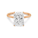 Load image into Gallery viewer, 14k rose gold ring featuring radiant cut lab grown diamond solitaire engagement ring set in 4 claw prongs.