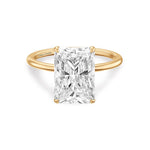 Load image into Gallery viewer, 14k yellow gold ring featuring radiant cut lab grown diamond solitaire engagement ring set in 4 claw prongs.