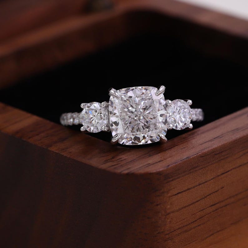 Cushion Cut Diamond Three Stone Engagement Ring 2.60 CTW IGI Certified, 14K Solid Gold Pavé Band Ring, Lab Grown Diamond Bridal Jewelry. image 2