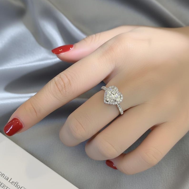 2.20 CT Heart Moissanite Engagement Ring, Halo Pavé Cathedral Band, 14K White Gold Heart Shaped Wedding Ring, Love Heart diamond ring image 5