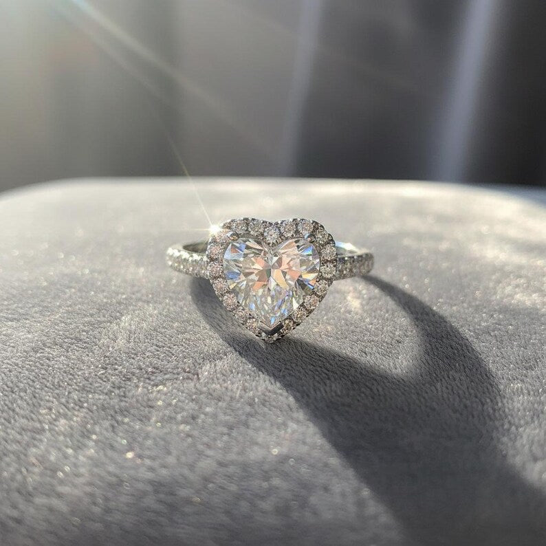 2.20 CT Heart Moissanite Engagement Ring, Halo Pavé Cathedral Band, 14K White Gold Heart Shaped Wedding Ring, Love Heart diamond ring image 3