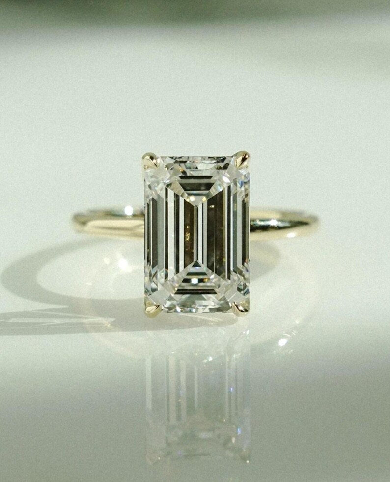 4CT Emerald Cut Tulip Set Moissanite Engagement Ring 14K Solid Yellow Gold Wedding Ring, Anniversary Ring For Women, Promise & Proposal Ring image 5