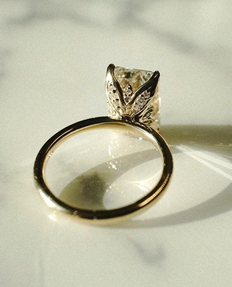 4CT Emerald Cut Tulip Set Moissanite Engagement Ring 14K Solid Yellow Gold Wedding Ring, Anniversary Ring For Women, Promise & Proposal Ring image 2