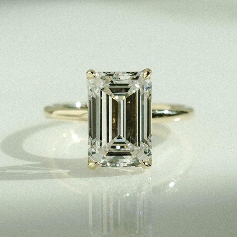 4CT Emerald Cut Tulip Set Moissanite Engagement Ring 14K Solid Yellow Gold Wedding Ring, Anniversary Ring For Women, Promise & Proposal Ring image 3