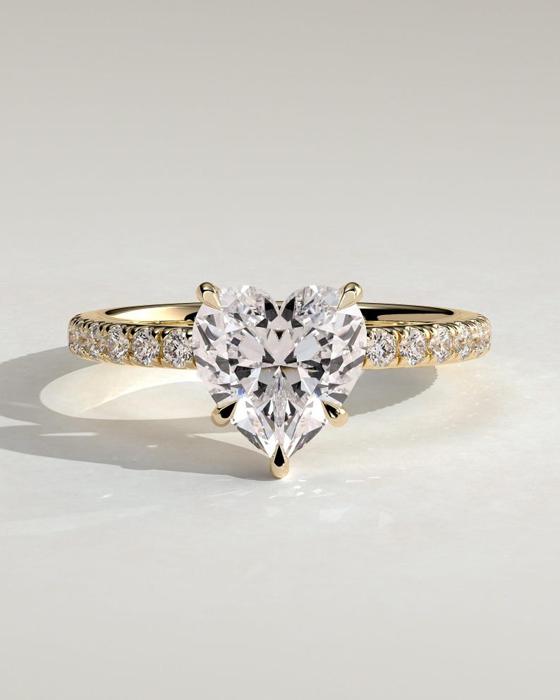 2.00 CT Heart Moissanite Engagement Ring, 14K Gold Heart Cut Pave Set Band Moissanite Ring, Half Pave Band Ring, GRA certified D-VVS1 ring. image 4