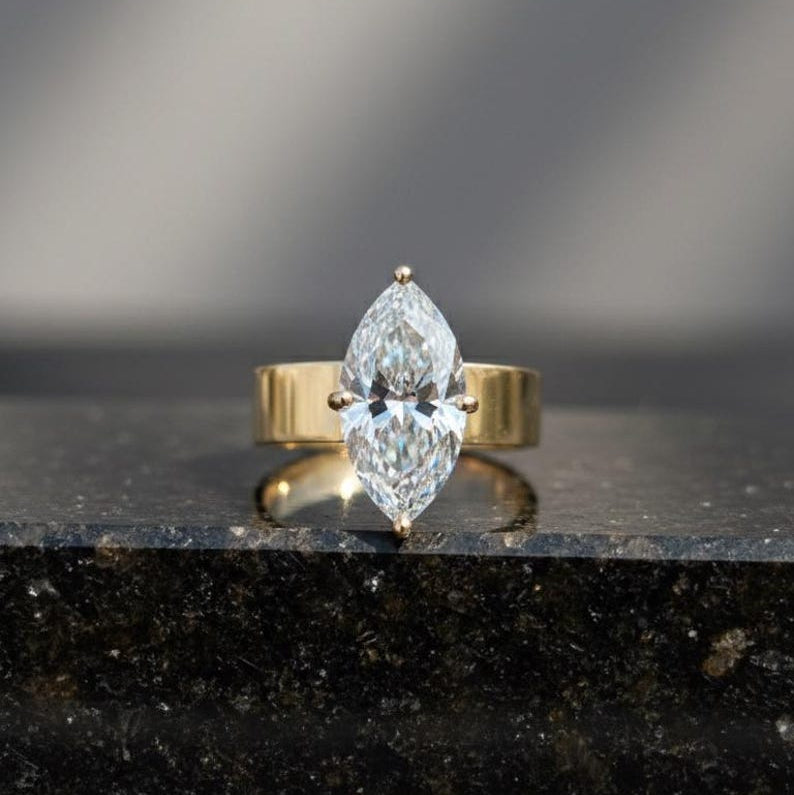 3.00 CT Marquise Cigar Band Ring, Marquise Cut Moissanite Engagement Ring, 5 MM Thick Cigar Band Ring, 14K Gold Marquise Hidden Halo Ring. image 3