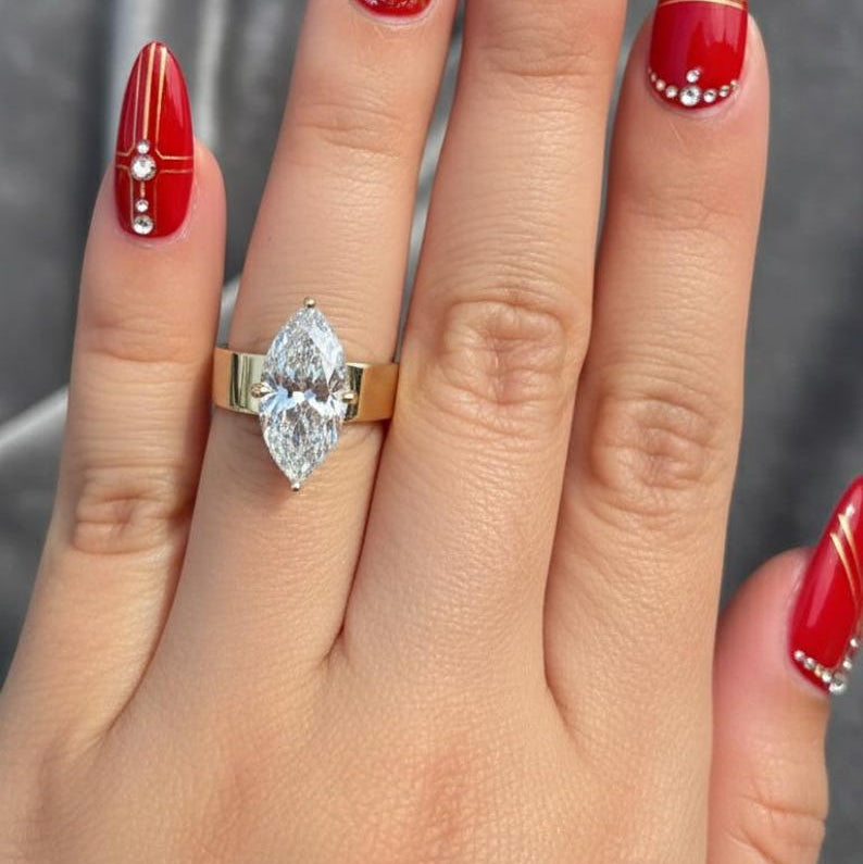 3.00 CT Marquise Cigar Band Ring, Marquise Cut Moissanite Engagement Ring, 5 MM Thick Cigar Band Ring, 14K Gold Marquise Hidden Halo Ring. image 5