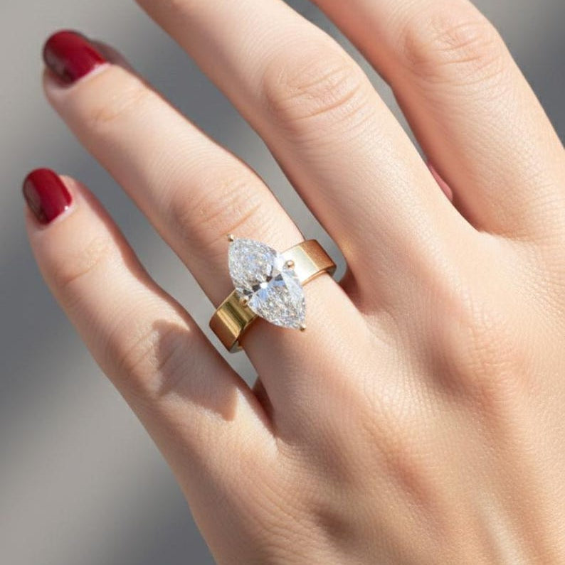 3.00 CT Marquise Cigar Band Ring, Marquise Cut Moissanite Engagement Ring, 5 MM Thick Cigar Band Ring, 14K Gold Marquise Hidden Halo Ring. image 4