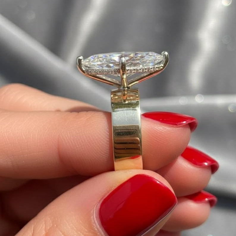 3.00 CT Marquise Cigar Band Ring, Marquise Cut Moissanite Engagement Ring, 5 MM Thick Cigar Band Ring, 14K Gold Marquise Hidden Halo Ring. image 2